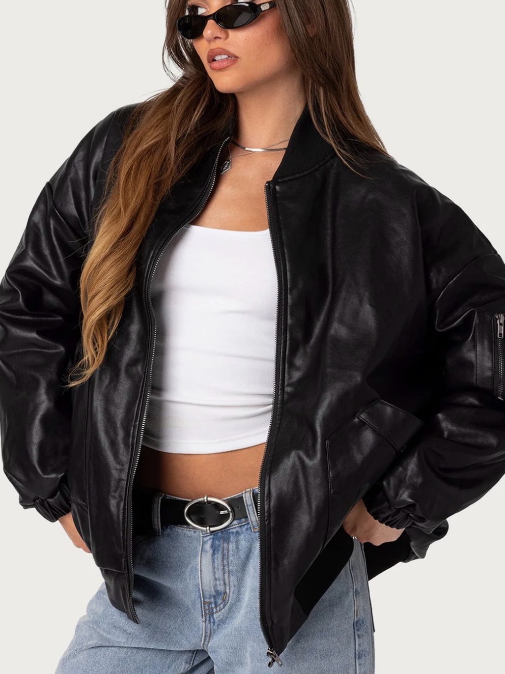 Black Faux Leather Bomber Jacket
